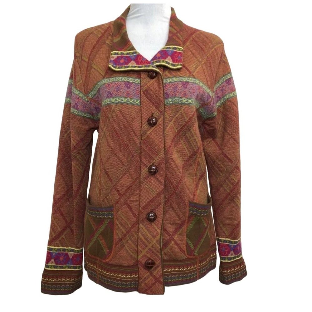 Coldwater Creek Intarsia Knit Cardigan Jacket M Tribal Cotton Wool Knit Blend - Picture 6 of 11